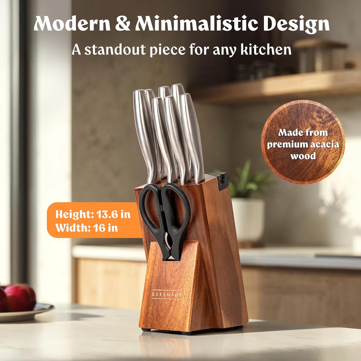 Knife Set with Block – 9 pcs Stainless Steel Kitchen Knife Block Set - Professional Knife Block with Sharpener and Scissors - Kitchen Knife Set with Acacia Wood Block & Steel Handles