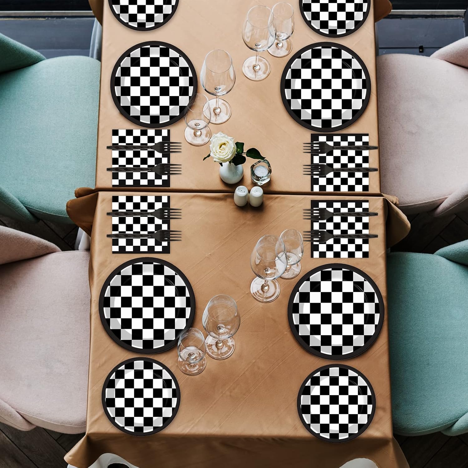 96 Pieces Black and White Checkered Tableware Set for Racing Car Table Decorations Supplies Race Sports Themed Dessert Plates Race-car Party Napkins Forks for 24 Guests Car Birthday Party Favors - Image 6