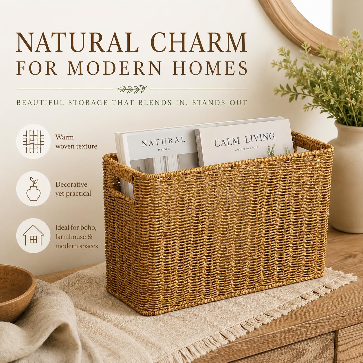Healeved Panier de rangement tressé style rotin porte-revues avec poignées | Grand panier de rangement aspect rotin naturel pour magazines, livres, collations, cosmétiques et utilisation à domicile