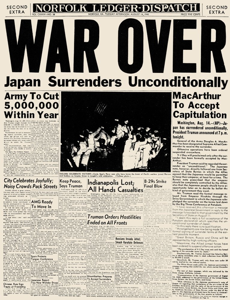 World War Ii VJ Day 1945 Nthe Front Page Of Norfolk LedgerDispatch 15