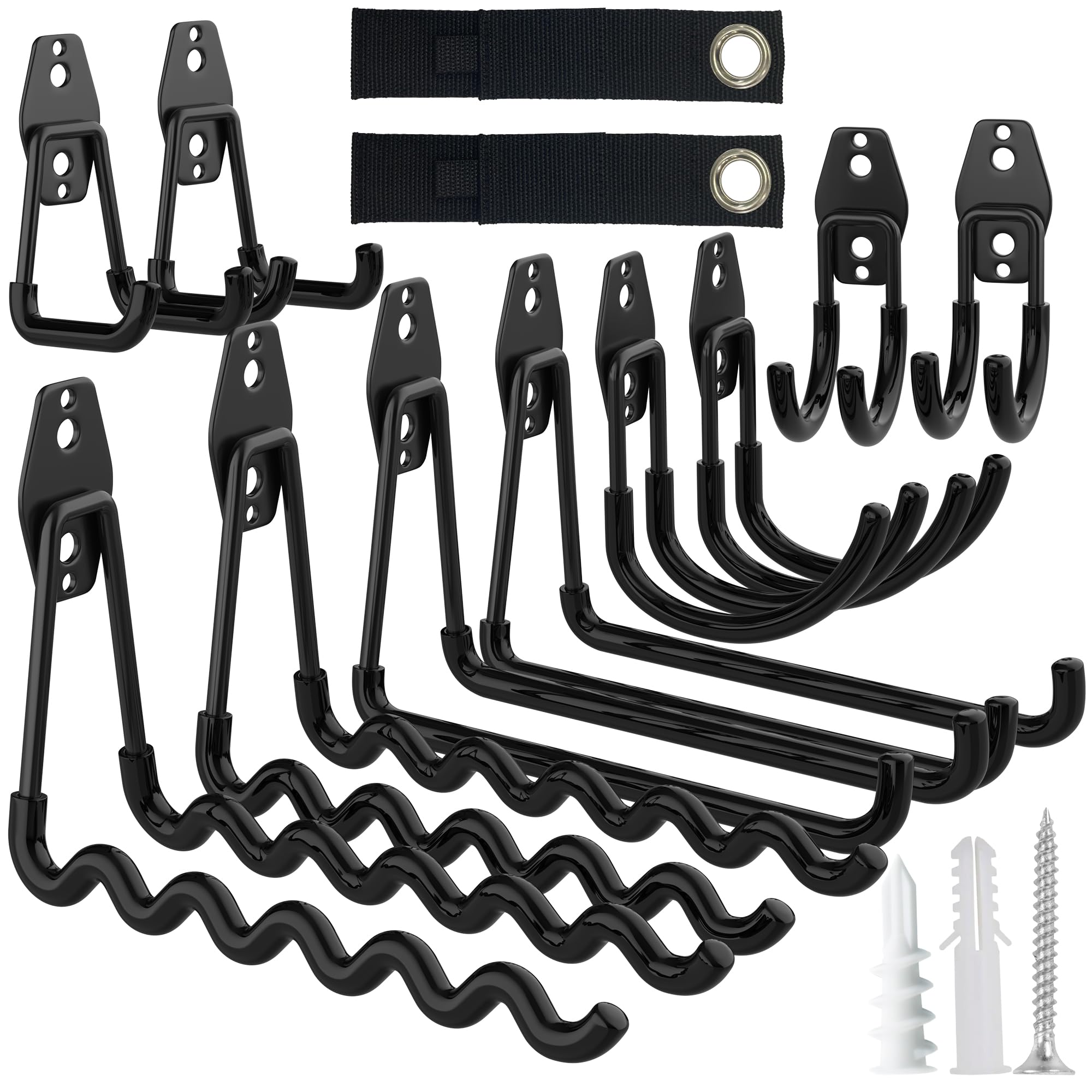 10 Pack Heavy Duty Garage Hooks with 2 Extension Cord Holder, Utility Steel Storage Hooks, Wall Mount Hooks & Tool Organiser Hanger, Hanging for Bike, Garden & Shed Tools, Ladder, Hose