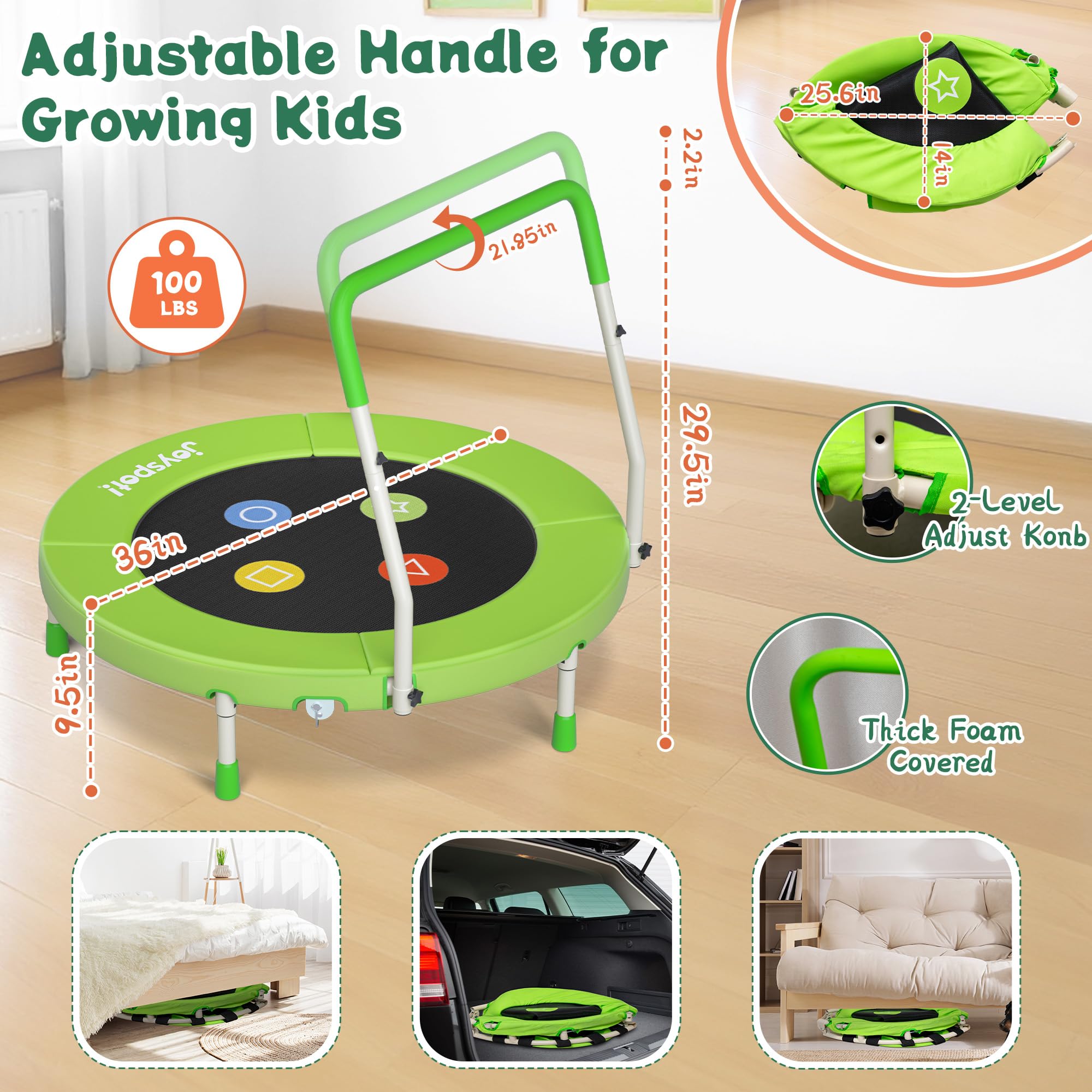JOY SPOT! Trampolin Kinder Indoor Outdoor, Ø91cm Mini Trampolin mit Verstellbarer Haltegriff, Faltbares Kindertrampolin bis 45 kg, Fitness Rebounder mit Sicherheitspolster für Kleinkind 3-12