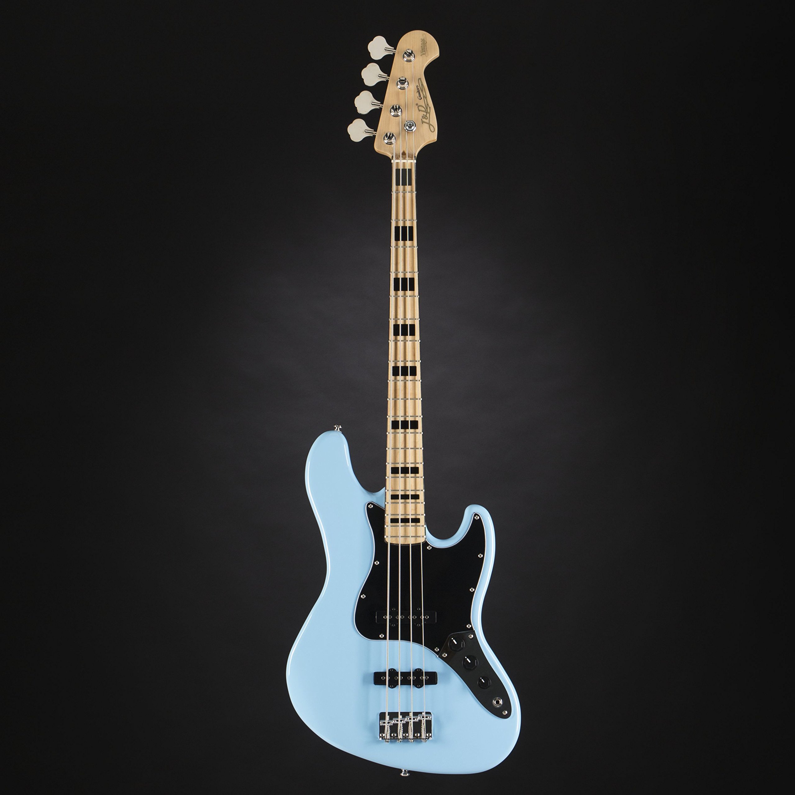 J & D JB Vintage 1975 SKBL Sky Blue 4 Saiter E-Bass mit Single-Coil Pickups, passiver Elektronik, Vintage-Style Hardware
