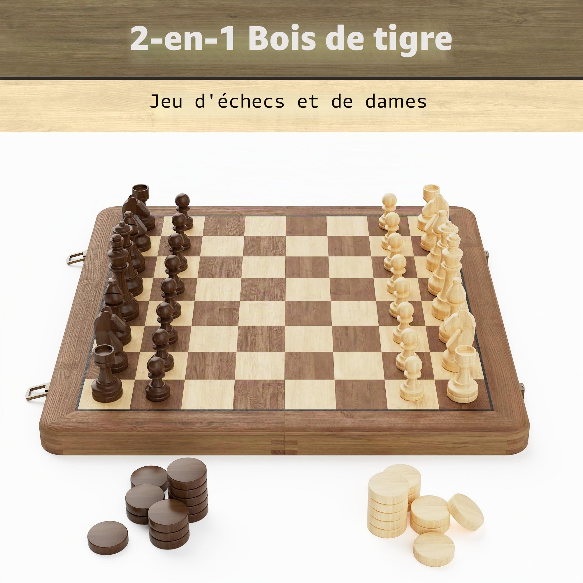 Jeu d'échecs magnétique en bois - Échiquier artisanal avec motif bicolore et boîte de rangement pour adultes et collectionneurs