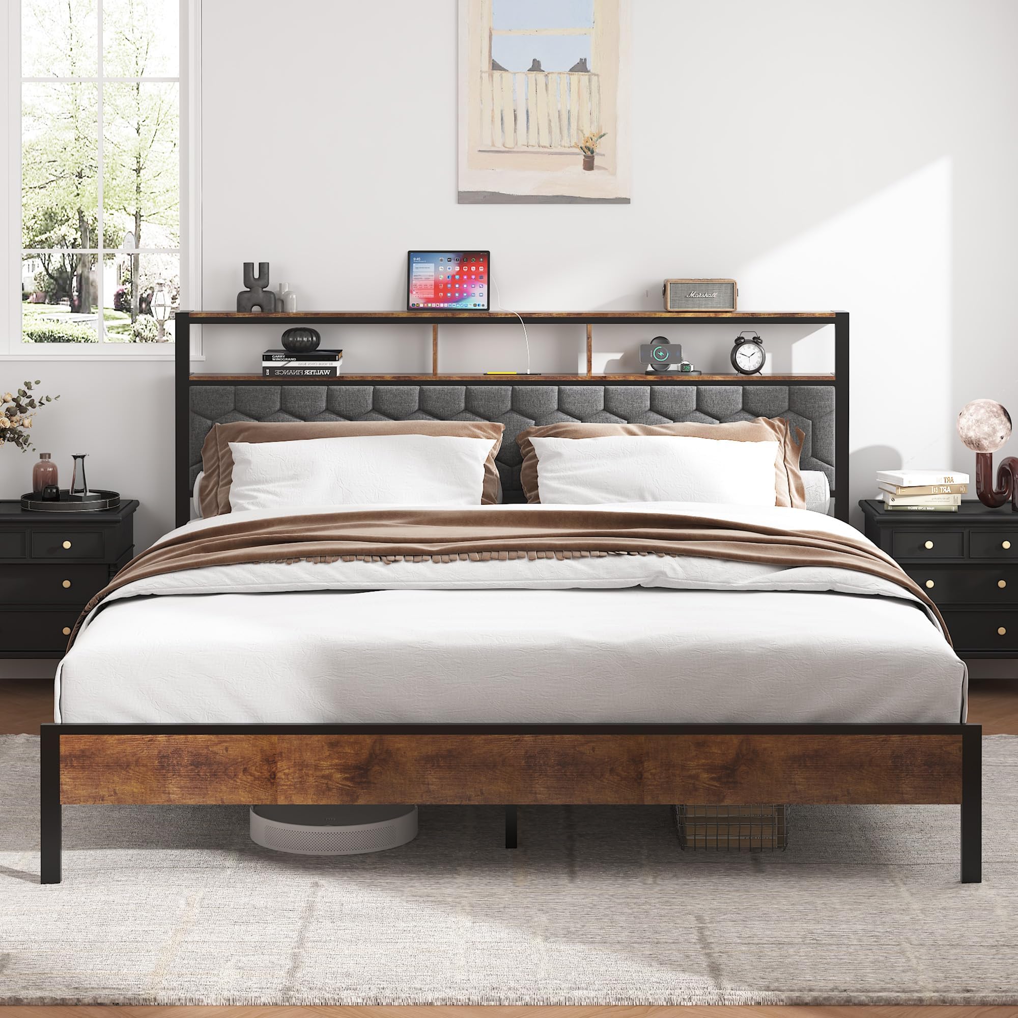 King Size Platform Bed with Headboard, Shelf, Charging Station, No Box Spring Needed, for Boys Girls Adults, Wooded, Brown