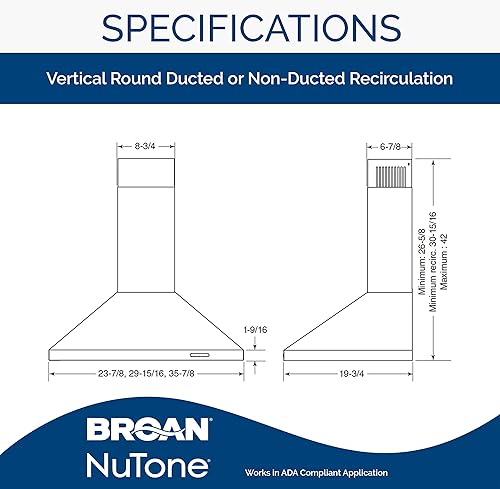 Miniatura 2 de Broan-NuTone Campana extractora piramidal convertible de montaje en pared de 30 pulgadas con ventilador de escape de 3 velocidades y luz, ventilador