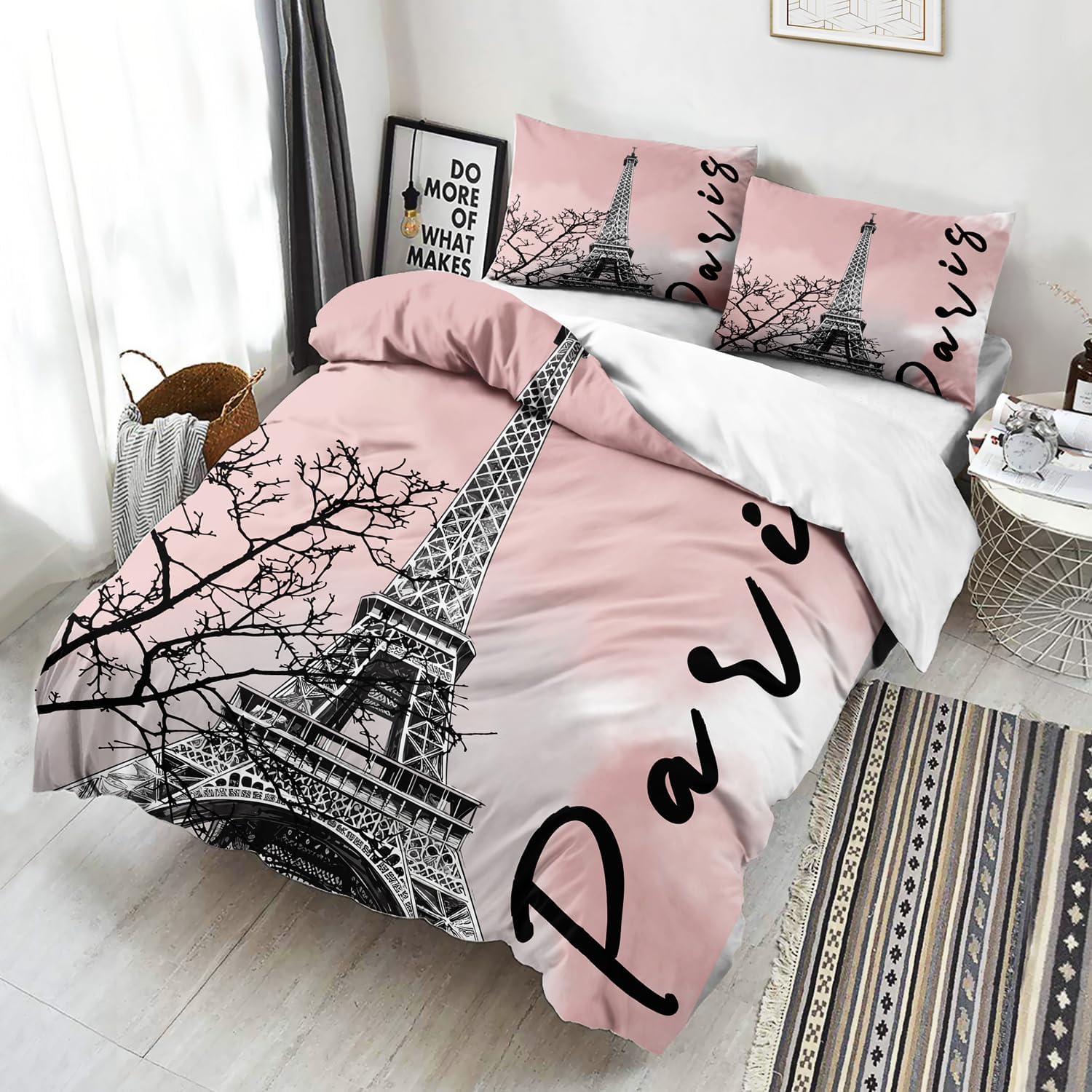 AILONEN Paris Eiffel Tower Duvet Cover Set Twin Size,Black and White Eiffel Tower Bedding Set 3-Piece Quilt Cover with 2 Pillowcases,Tie Dye Paris Comforter Cover for Kids Girls,Soft Breathable