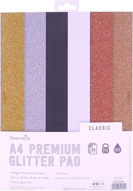 Dovecraft A4 Glitter Card Pad  24 Sheets  Non-shed  300GSM  6 Colours - Gold, Silver, White, Black, Copper & Rose Gold - for Scrapbooking, Card Making, Home Décor, Party Crafts