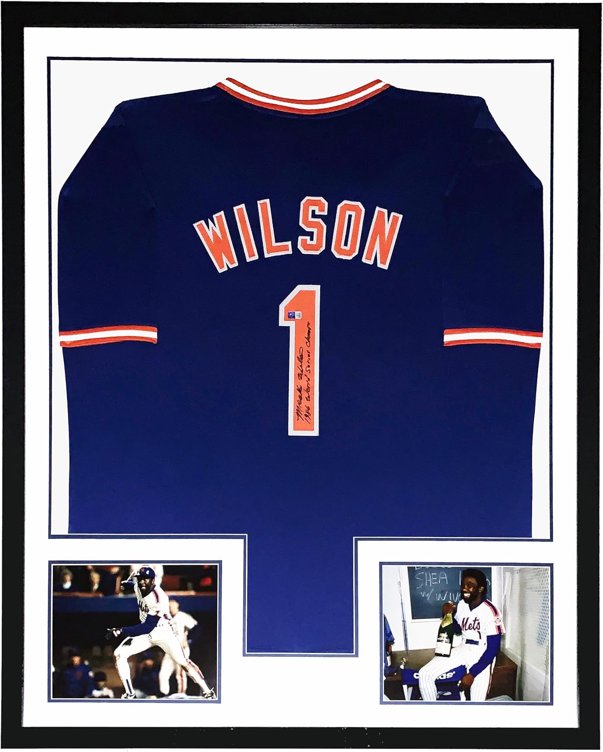 Mookie Wilson Signed Authentic New York Mets Jersey & 1986 World Series Champions Inscription - Steiner Sports COA Authenticated - Professionally Framed & Photo 34x42