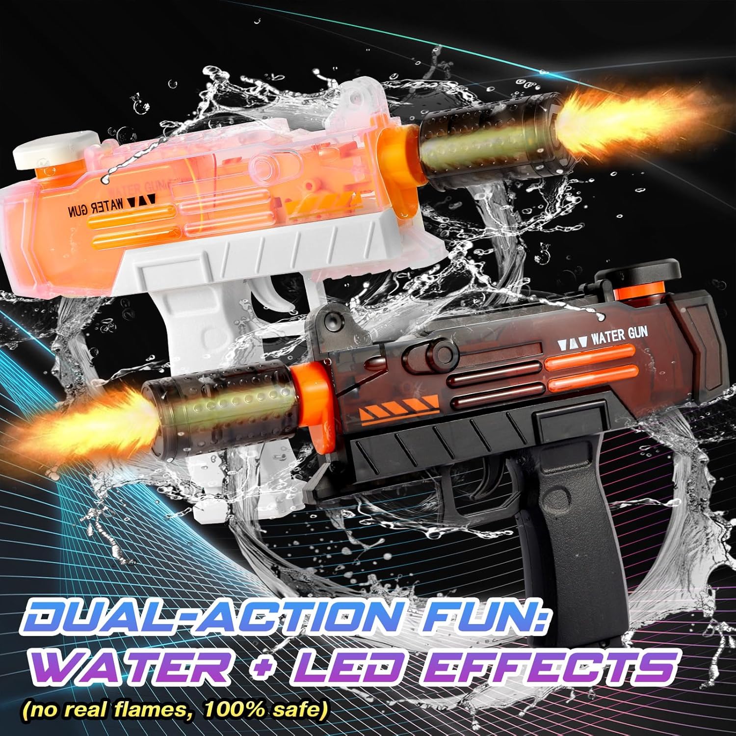 Electric Water Gun with LED Nozzle & Dual Tanks – 32ft Range, USB Rechargeable Outdoor Water Toy (Cool Black)
