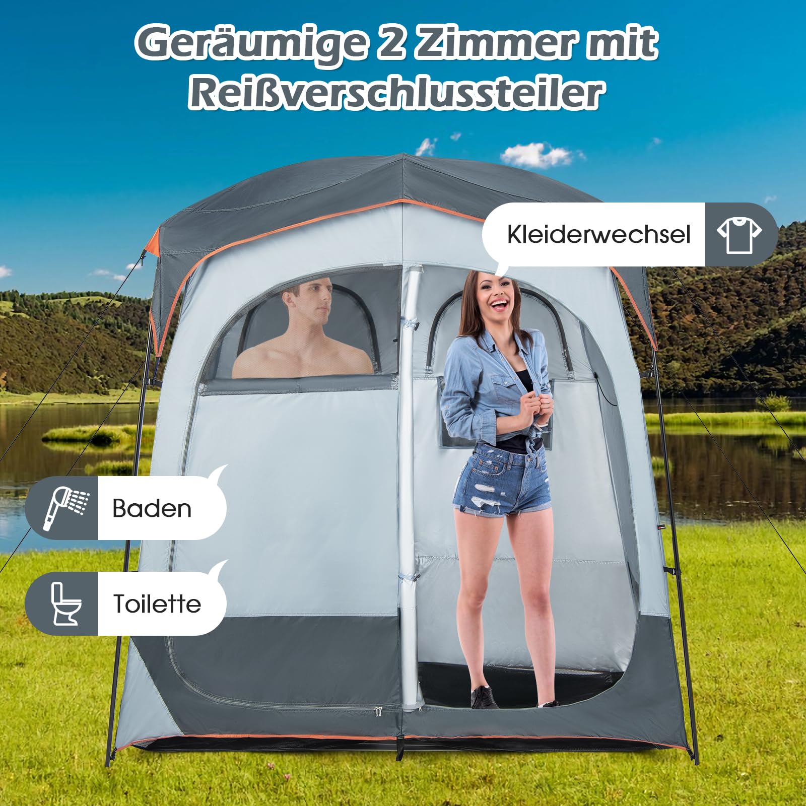GYMAX Pop Up Duschzelt, Privatsphäre, Toilettenzelte mit Tragetasche, Umkleidezelt für 2 Personen, 210 x 107 x 210 cm