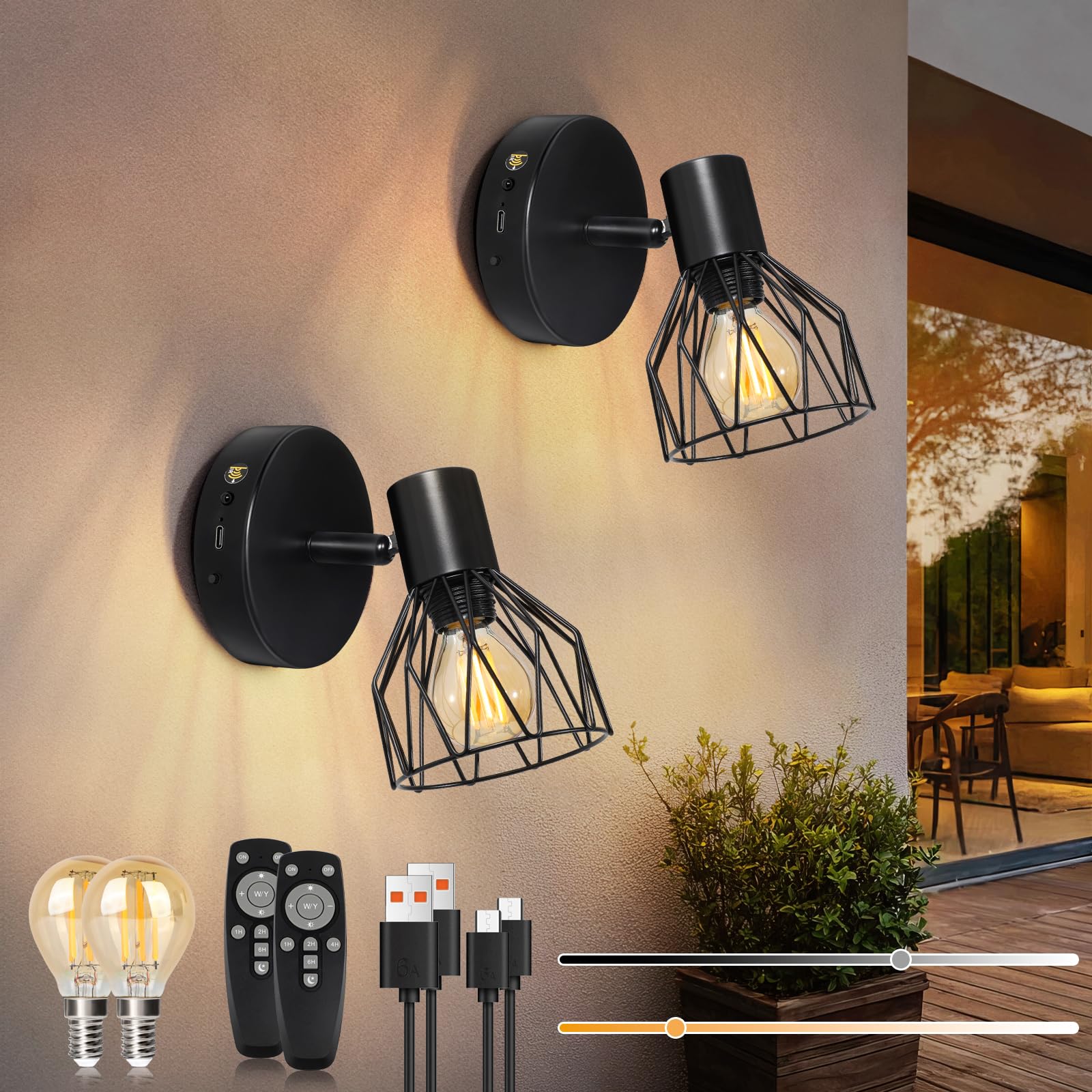 Kimjo Rechargeable Wall Light *2 Usb Rechargeable Wall Lights Battery Operated Wall Sconce Lights, Wireless Wall Lights Indoor Set Of 2, E14 Wall Lamps & Sconces With Remote, Dimmable Wall Mounted Light With Timer For Hallway