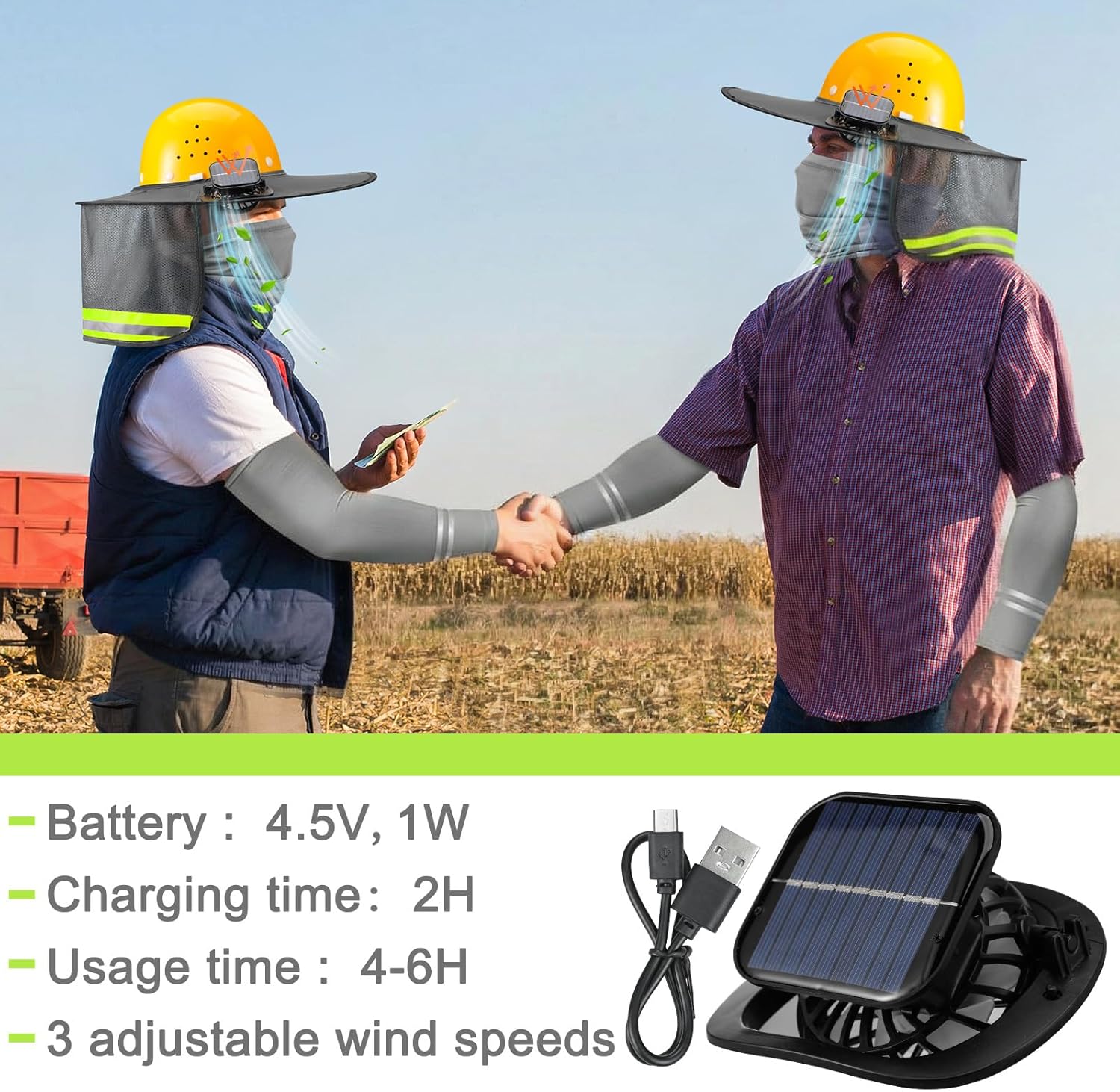 1 Set Sun Hard Hat Shade Full Brim Hard Hat Sun Visor with Solar Fans and Neck Sunshade Cover UV Reflective Strap Arm Sleeves Summer Protection Accessories