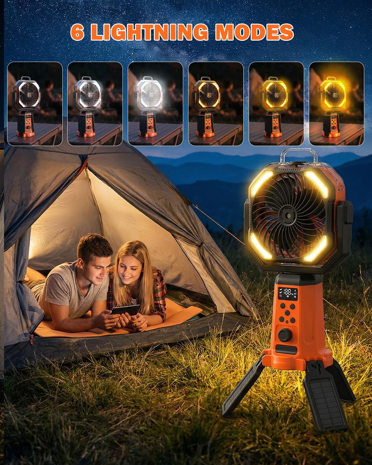 24000mAh Ventilatore da Campeggio Solare con Supporto,Ventilatore Portatile Ricaricabile con Luce LED, Utilizzabile Come Alimentatore Portatile,con Telecomando e Gancio,per Viaggi/Picnic/Escursioni