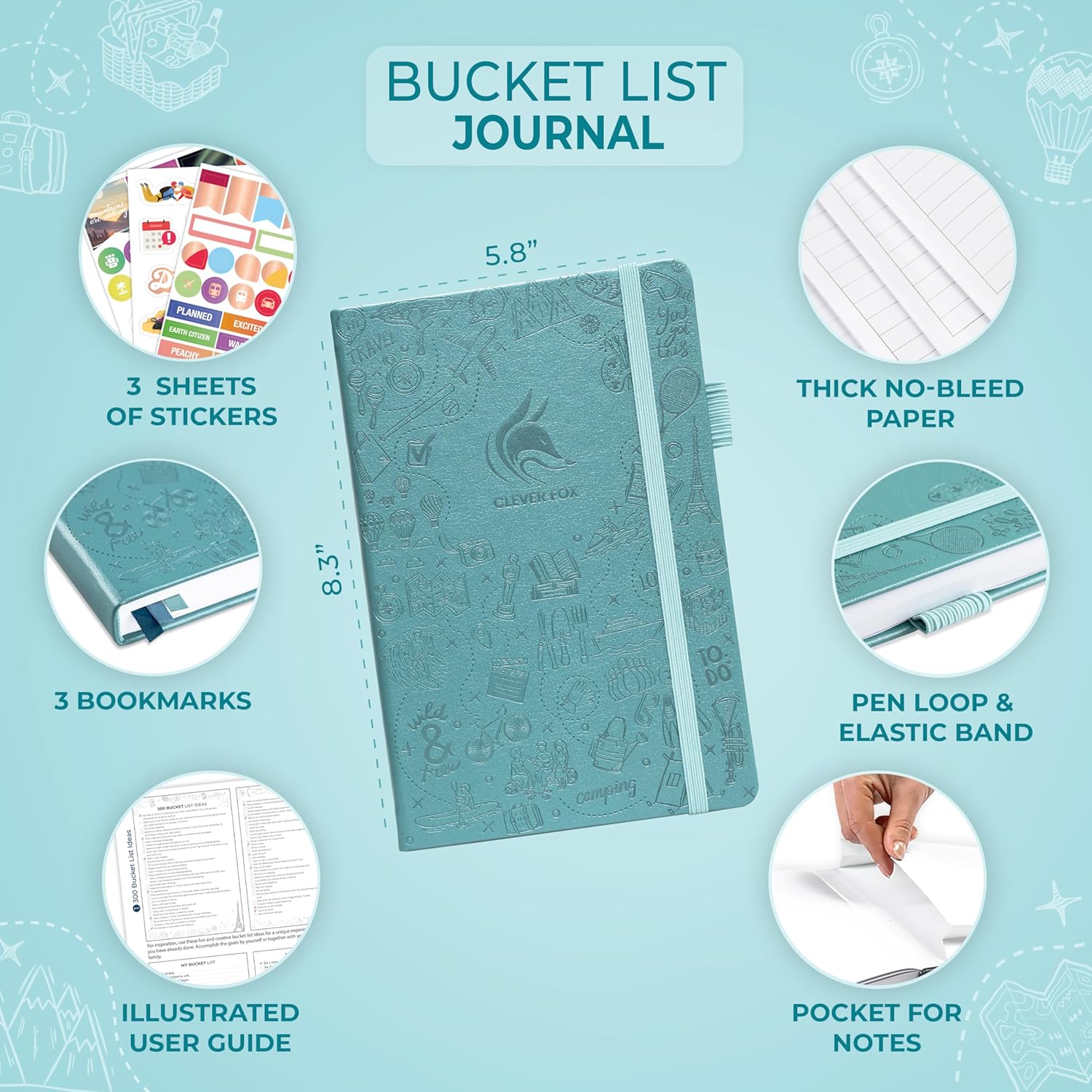 Clever Fox Bucket List Journal – Inspirational Book for Memories & Adventures – Motivational Bucket List Notebook for Couples, A5 (Aquamarine)