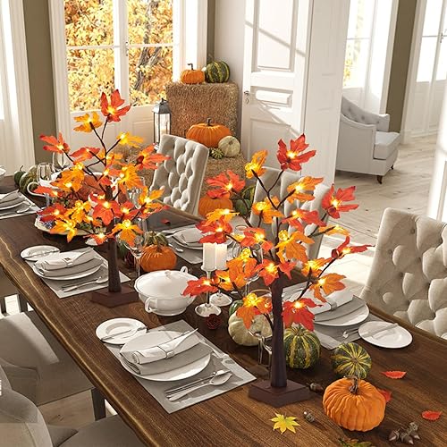 Miniatura 6 de Fall Decor - Paquete de 2 luces de árbol de arce de 24 pulgadas, 48 luces LED de otoño con calabazas y bellotas, temporizador, USB y funciona con