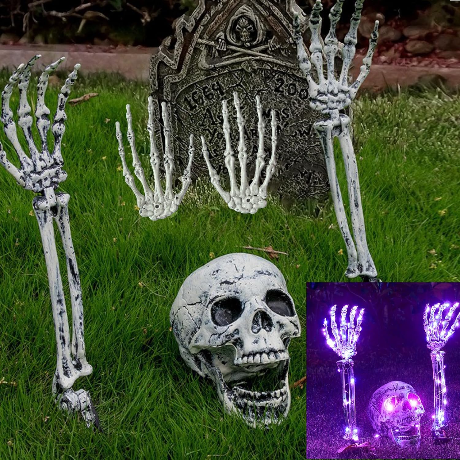 Purple Skeletons Halloween Decor?5 pcs Skull Arm Set Lawn Stakes Garden Halloween Skeleton for Outdoor Yard Garden Graveyard (1* Glowing Skull Head, 2 Skull arms, 2 Skull Palms)