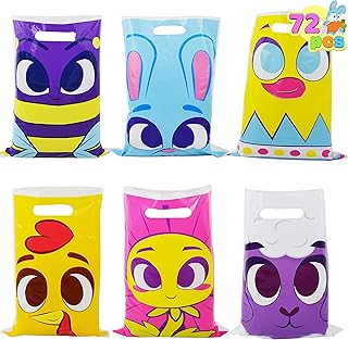 JOYIN 72 Pcs Easter Large Plastic Tote Bags Easter Goodie Treat Gift Bags for Egg Hunt, Easter Kids Party Favor Party Supplies