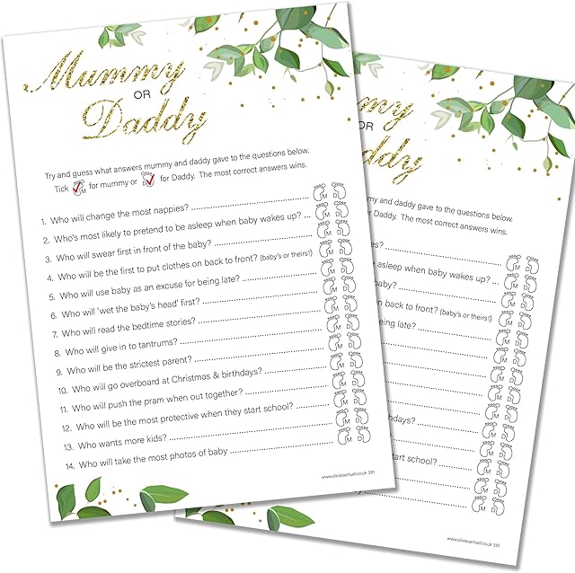 20 x Mummy or Daddy Baby Shower Game - Botanicals Design (20 Guest Cards + 1 Card of Answers for The Host)
