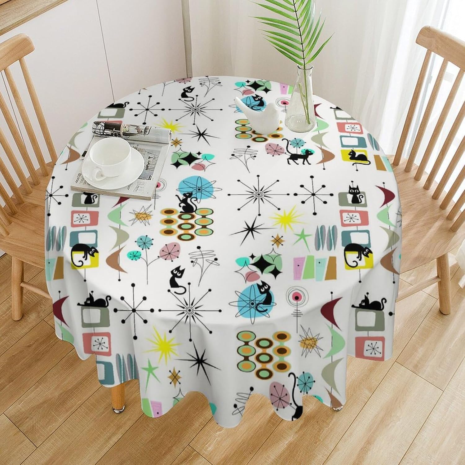 Mid Century Tablecloth,Abstract Geometric Vintage Cute Cat Modern Art Round Table Cover for Indoor Outdoor Party Picnic Dining Room Kitchen Table Cover Home Decoration 60in