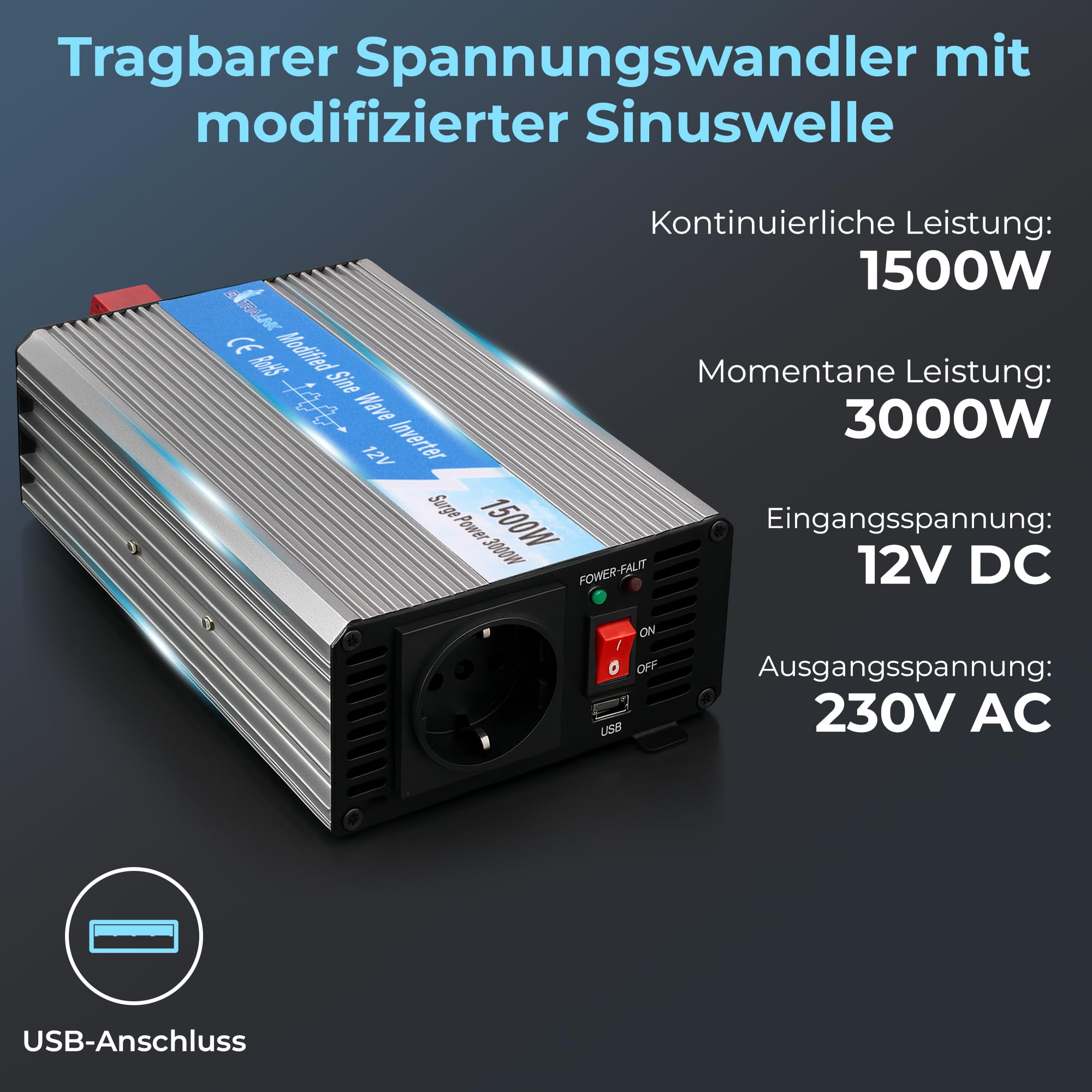 EXTRALINK Wechselrichter 12V auf 230V Modifizierter Sinsus 1500W 3000W Spitze – Spannungswandler mit USB, Lüfter & 4-Fach Schutz – für Auto, Wohnmobil, Boot, Camping, empfindliche Geräte, Solar