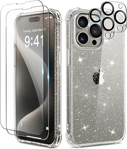 TIESZEN Funda con purpurina para iPhone 15 Pro, con 2 protectores de pantalla + 2 protectores de lente de cámara, no se pone amarillento compatible