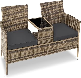 tectake® Outdoor Sitzbank mit integriertem Tisch, Gartenbank Lounge Sitzgruppe für 2, für Wintergarten, Balkon, Rattan Gartenmöbel - Natur/dunkelgrau