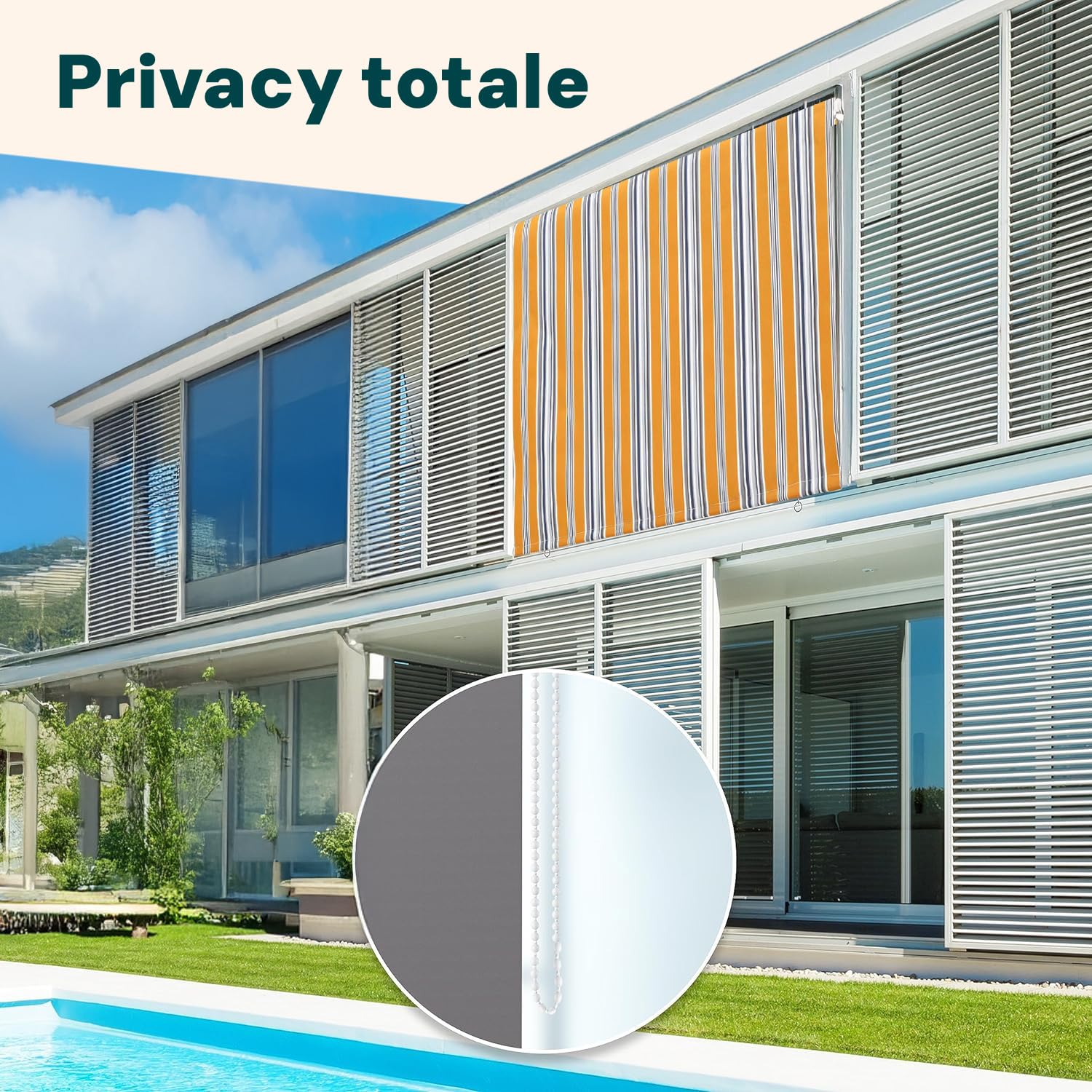 Tenda da Sole a Caduta 150x250 cm con Rullo in Alluminio, Parasole Esterno a Righe Gialle, Attacco Soffitto Incluso
