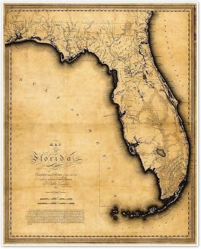 Florida State Map by Charles Vignoles circa 1823 Historical Sepia Tone Gulf Coast Navigation Chart | Art Print Poster Vintage Wall Decor 24 x 32 inches