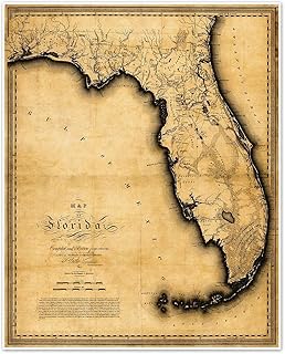 Florida State Map by Charles Vignoles circa 1823 Historical Sepia Tone Gulf Coast Navigation Chart | Art Print Poster Vintage Wall Decor (24 x 32 inches)