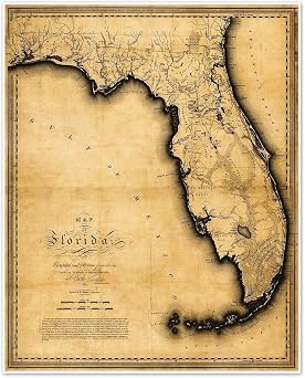 Florida State Map by Charles Vignoles circa 1823 Historical Sepia Tone Gulf Coast Navigation Chart | Art Print Poster Vintage Wall Decor 24 x 32 inches