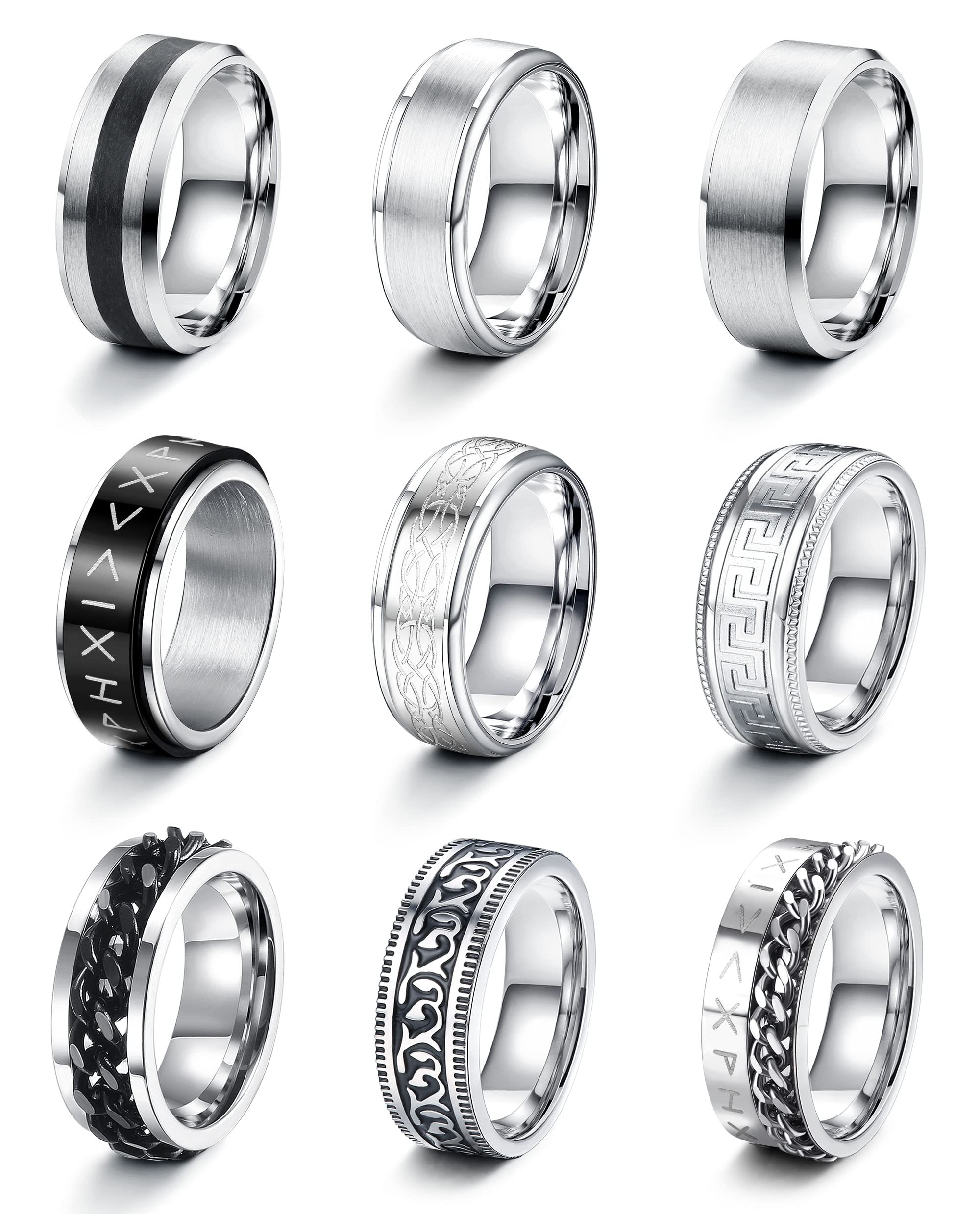 LOLIAS9 Piezas Anillos Hombre Plata Negro Acero Inoxidable Acabado Mate Anillo Cadena Banda Pulido Abrebotellas Anillos Alianzas Boda Anillo Compromiso Vintage Fidget Anillo para Hombre Mujere
