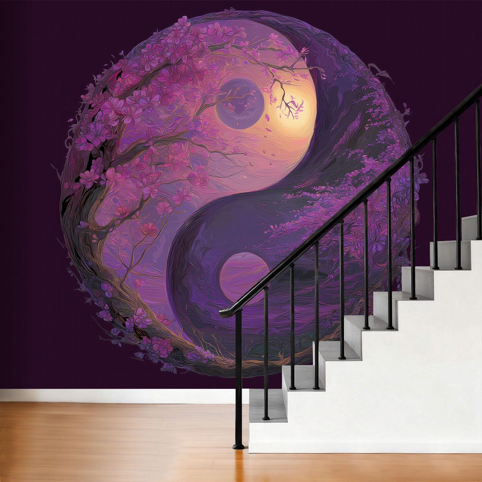 Panoramiczna tapeta 3D 250 x 175 cm fantazyjne kwiaty wiśni symbol Yin i Yang tapeta z włókniny, plakat ścienny do salonu, dekoracji pokoju dziecięcego, łatwy montaż, fioletowy