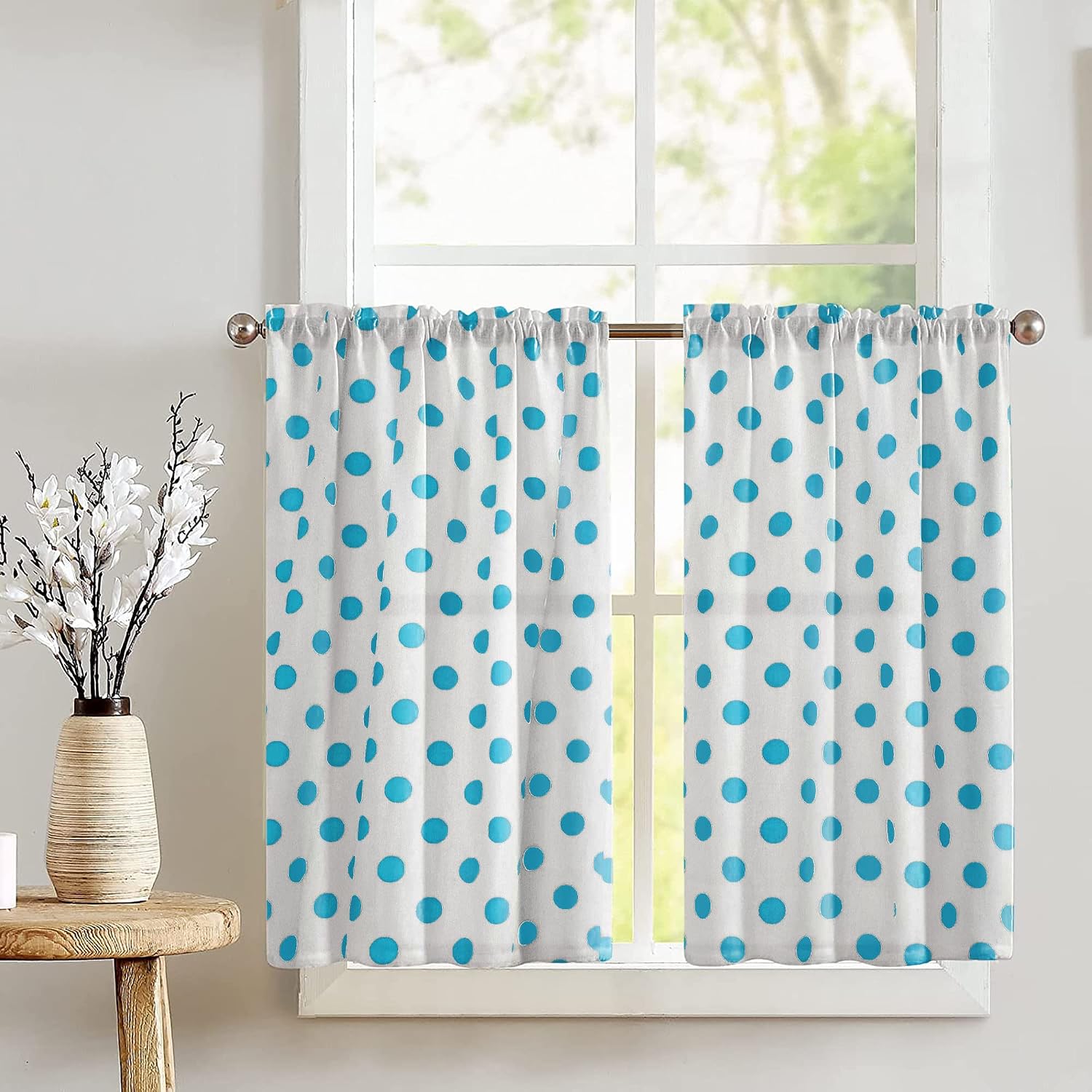Zen Creative Designs Polka Dots Print Tier Window Valance 2 Piece Set Home Décor Bedroom Nursery Kitchen Window (Black on Red)