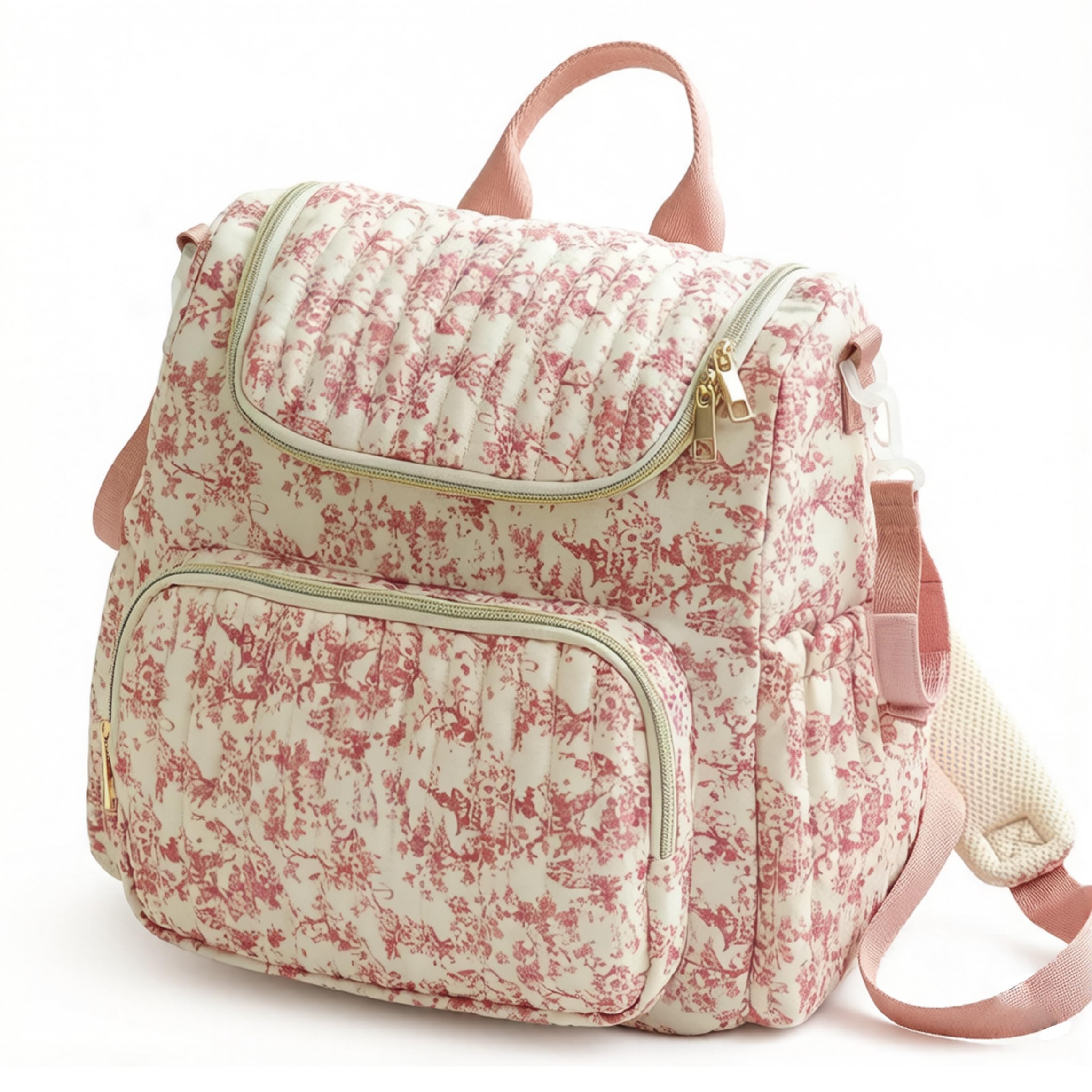 Faticenic Quilted Diaper Bag, Floral Diaper Backpack, Spacious Mom Backpack with Multi-zipper Pockets, Stylish Baby Bag (Red), Quilted