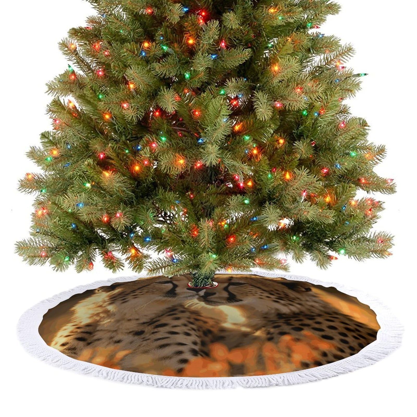 Cheetah Love Christmas Tree Skirt 30"x30" Rustic Xmas Tree Mat with Tassel Ornament Christmas Trees Cover Skirt Mat for Evergreen Trees Ornament Winter Holiday Mats Decorations