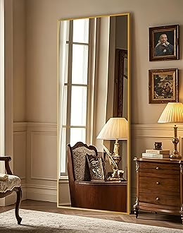 Delma Full Length Standing Mirror,Large Floor Mirror with Aluminum Frame for Bedroom, Bathroom, Living Room,Wall Mount or Freestanding Design(with Stand,Rect 69x24-Gold)