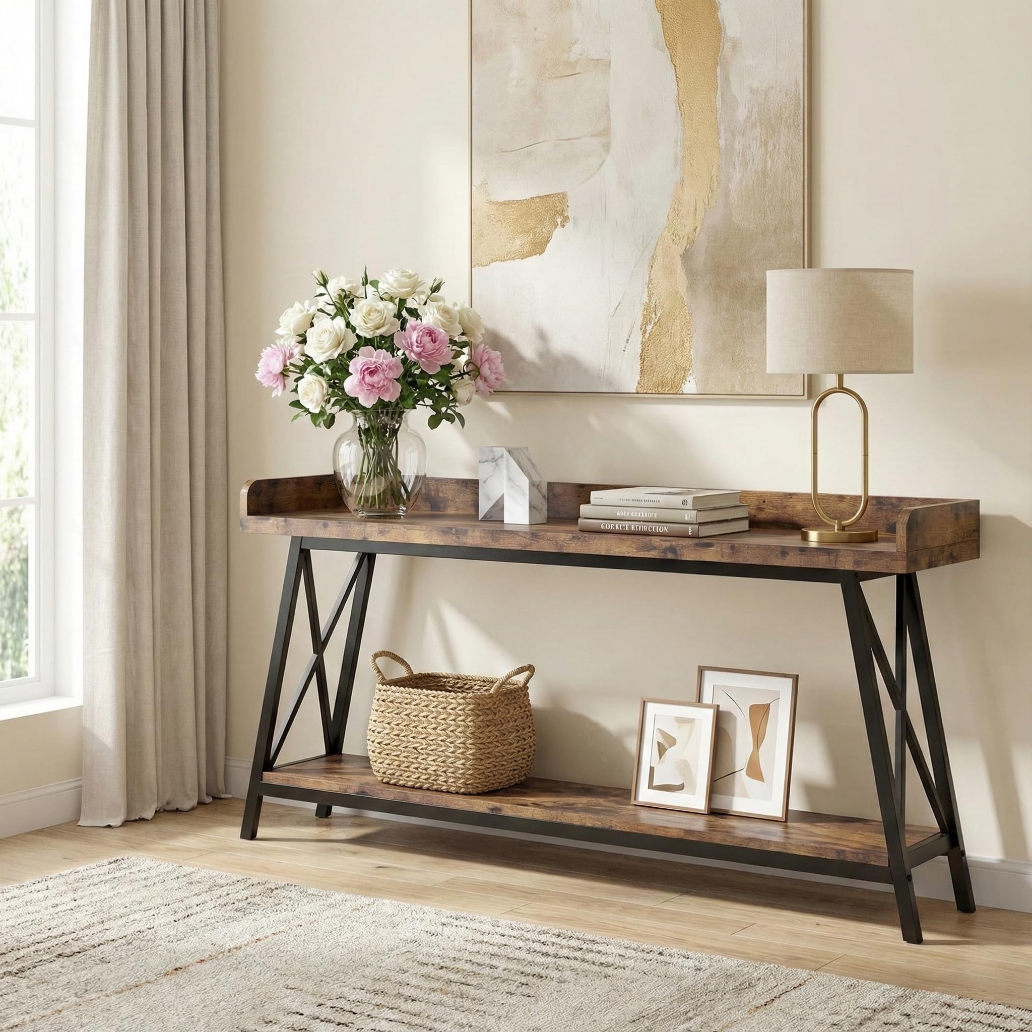 Lailang 180cm Mesa de Entrada, Mueble Recibidor Entrada, Consola de Entrada, Mesa Madera, Mesas Auxiliares Salon, Mueble Pasillo Estrecho, 180 x 46 x 20 cm, Marrón Rústico