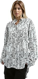 ريفين قميص متعدد الالوان منقوش باكمام طويلة للنساء - اسود وابيض عصري