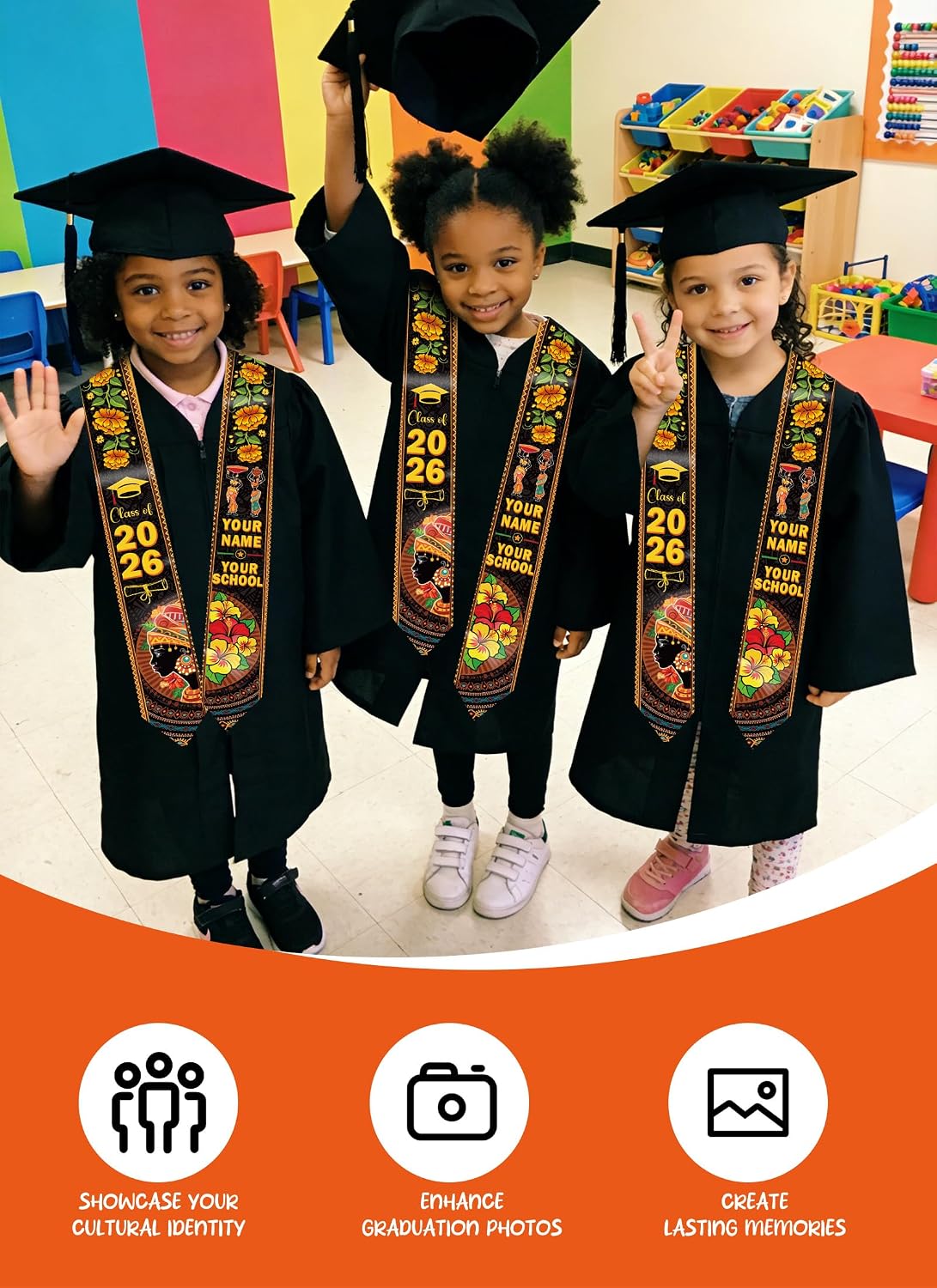 2026 Preschool Kindergarten Graduation Stole - Kente Style Sash with Iron on Letter Name DIY Stoles Graduate Gifts for Pre School Kids DIY Craft