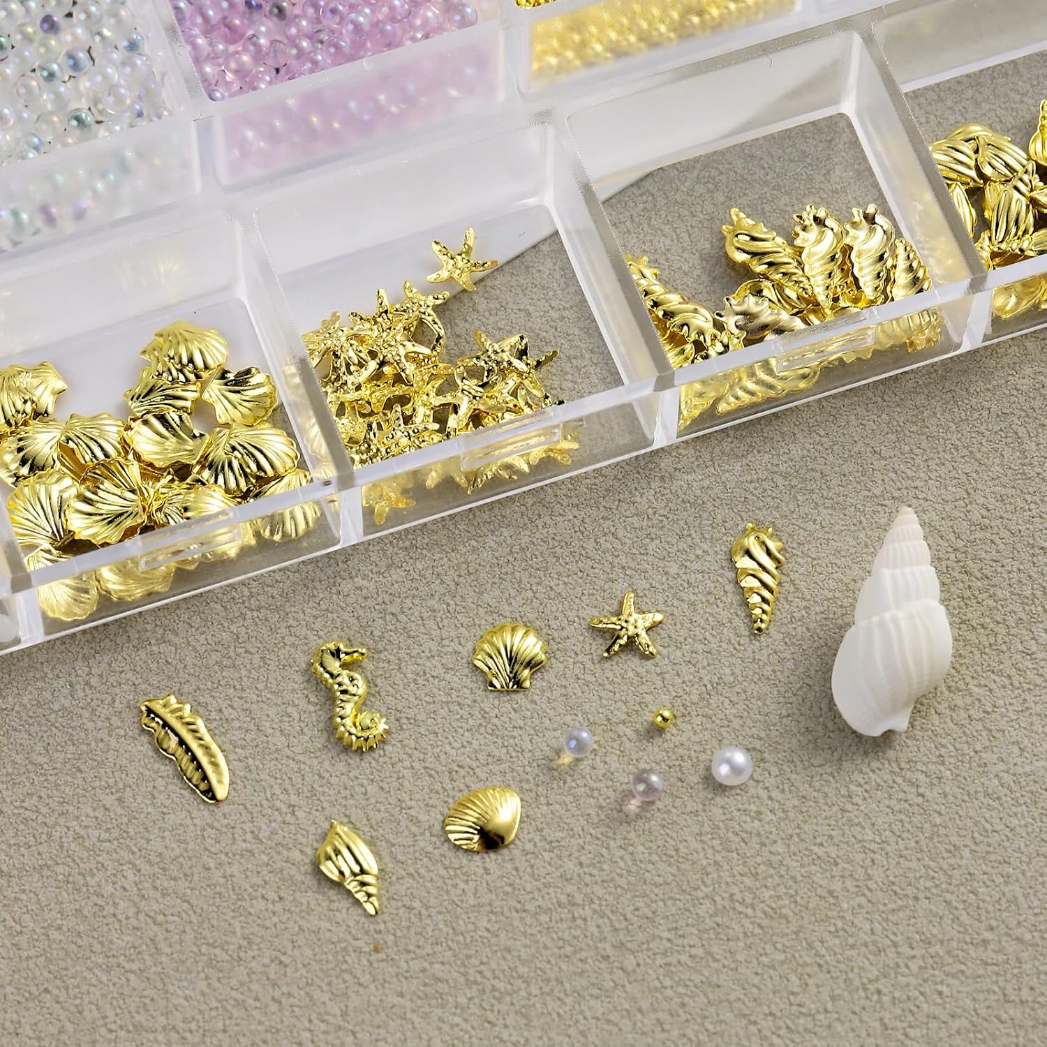 SUTOKAKA 3D Nail Art Charms 12 Style Gold Seashell Starfish Seahorse Feather Charm Mini Pearl Bubble Nail Rivet Beads with Tweezer for Summer Ocean Hawaii Decor DIY Manicure Design