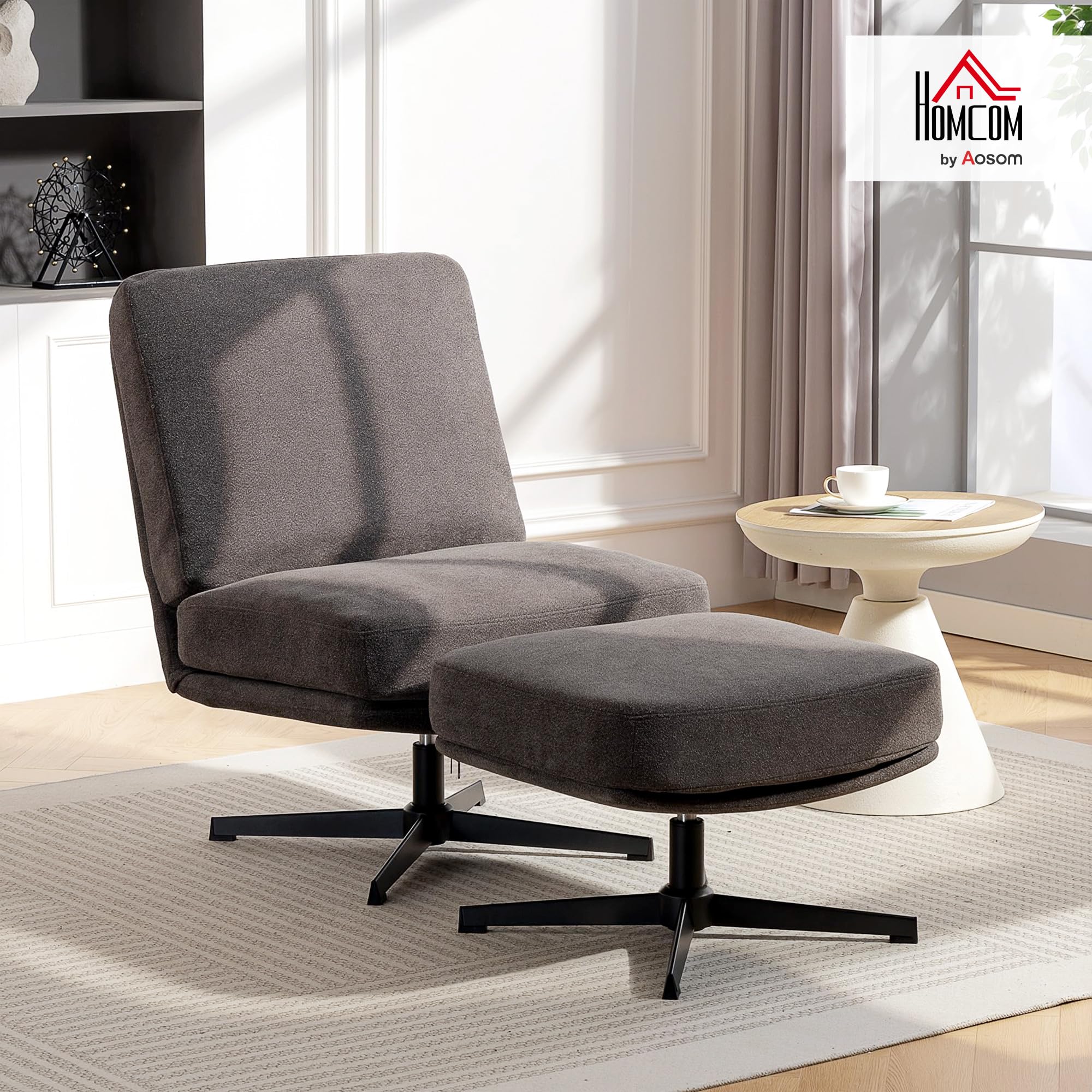 HOMCOM Sessel mit Hocker Drehbar Loungesessel mit Leinenoptik Dunkelgrau | Dicker Breiter Sitz, Moderner Relaxsessel, Schneidersitz Polstersessel, Für Wohnzimmer, Schlafzimmer