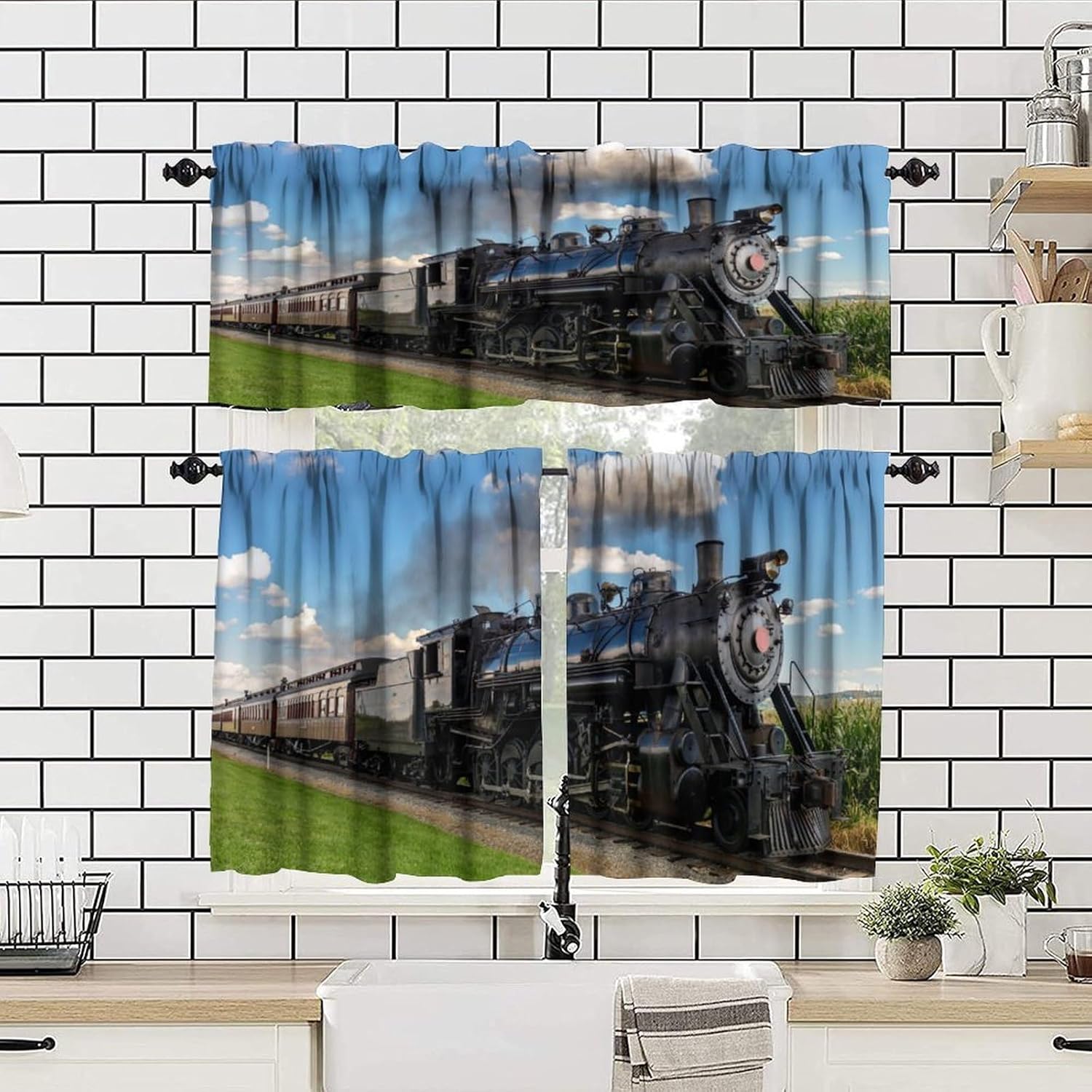 Train Valance Curtain for Kids Room Vintage Blue Sky Railway 70s Steam Mechanical Train Window Treatment Valances Curtains for Boys Living Room Bedroom Nursery，54x18In/27x36In