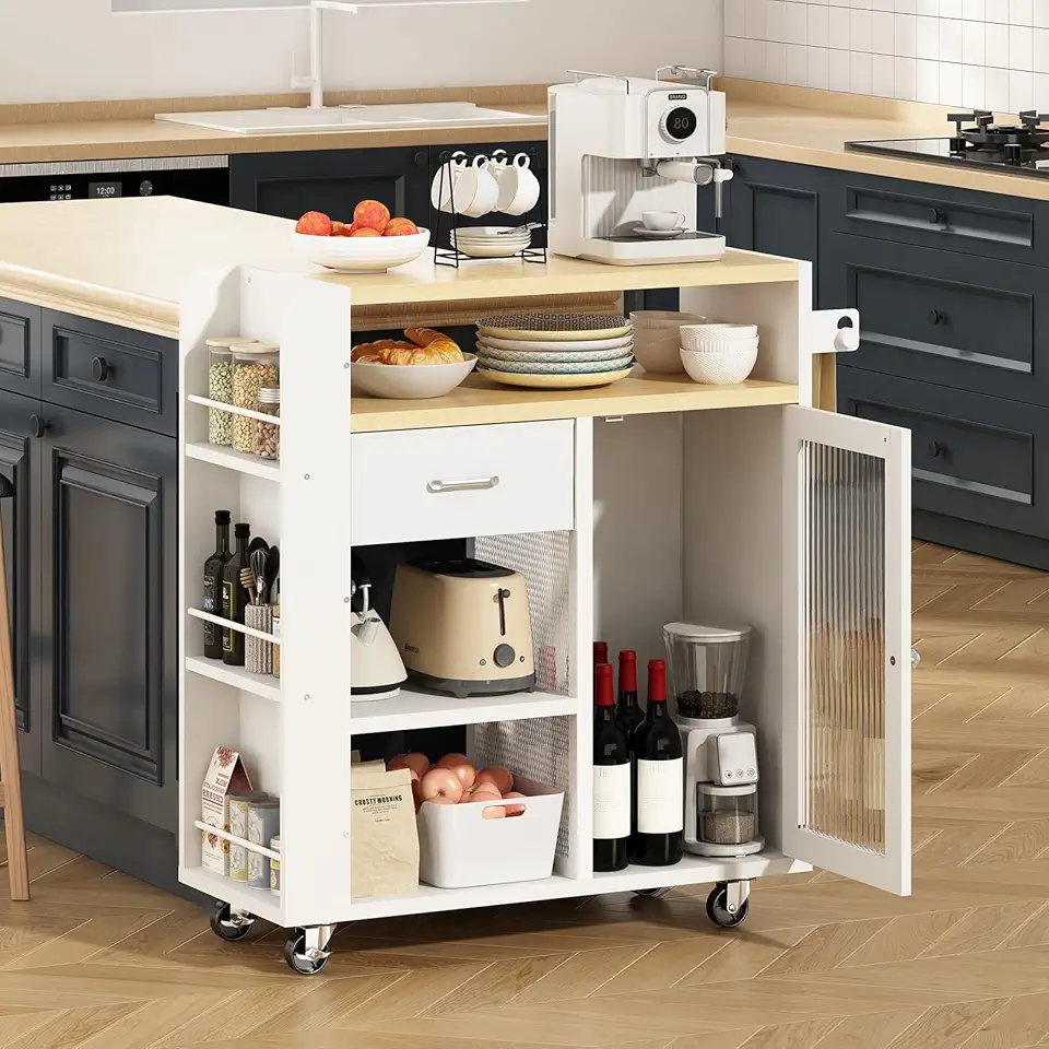 Balcão para Cozinha, Móveis Cozinha com Rodas e Prateleiras Laterais, Móvel Multifuncional com Armários e Gaveta para Organização, Branco