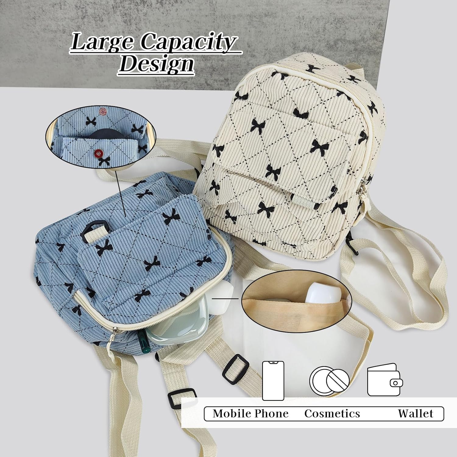 Mini Backpack for Women, Soft Corduroy Bow Small Backpack, Lightweight Cute Tiny Backpacks Fashion Travel Daypack (Beige) - Image 4