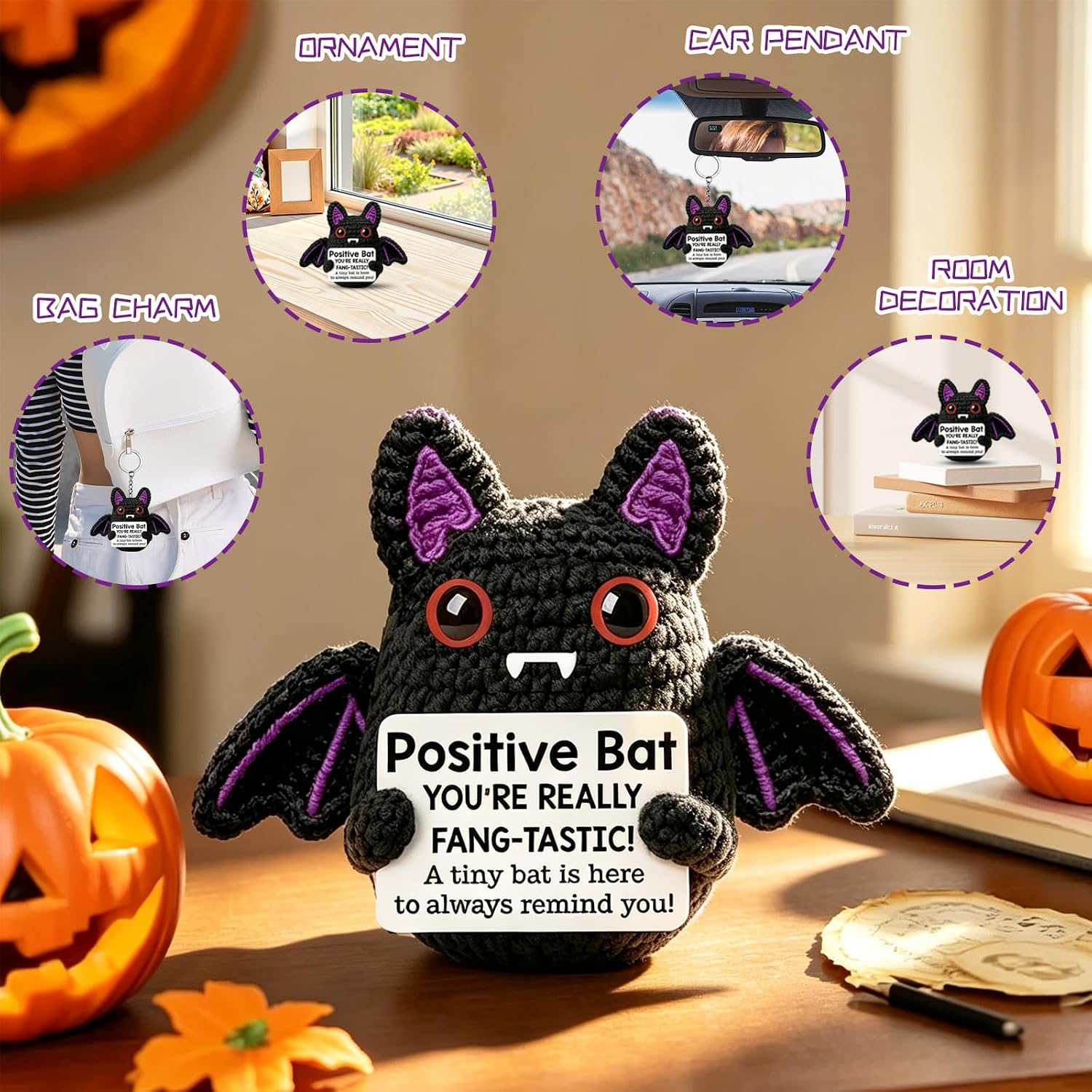 Halloween Crochet Bat Positive Energy Emotional Support Crochet Office Bat Decor Gift for Women & Men Inspiring Affirmation Card, Bats Halloween for Women Present, Cute Birthday Gift for Teens Adults