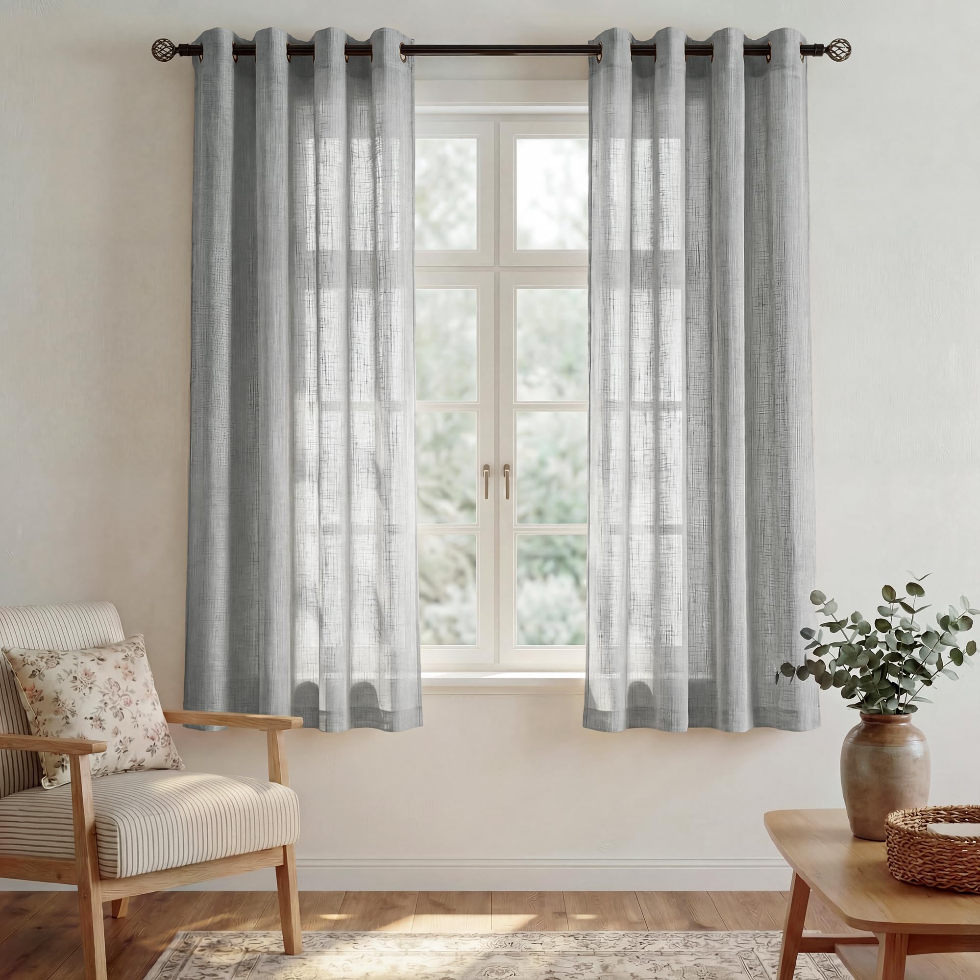 PONY DANCE Leinenoptik Vorhang Halbtransparent 2 Stücke H 158 x B 132 cm Voile Gardinen mit Ösen Gardine Kinderzimmer Luftige & Lichtdurchlässige Vorhänge Dunkelgrau