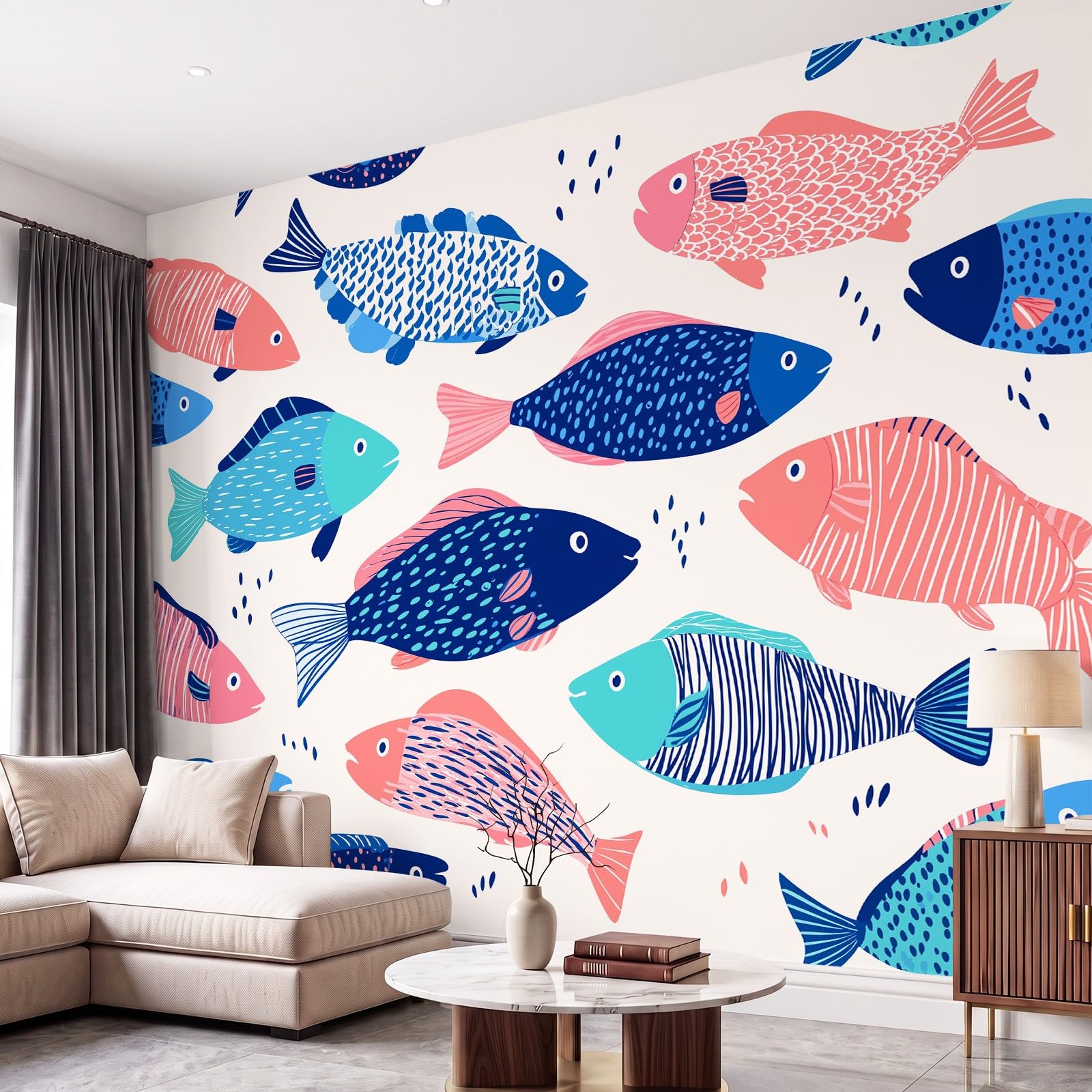 Générique Carta da parati murale in tessuto non tessuto, disegno lineare oceano, carta da parati panoramica fotografica, 300 x 210 cm (L x A) - Decorazione da parete per panchina, divertente per