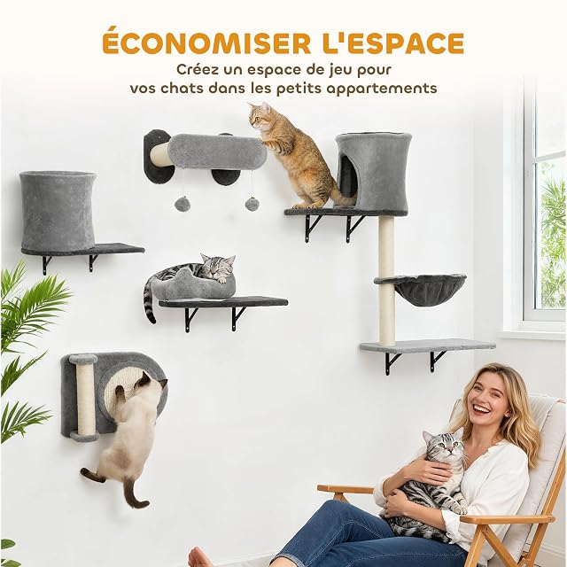 Foto 4 de 8 de PawHut 5 estanterías de Pared para Gatos, 2 nichos, hasta 5 kg, Gris