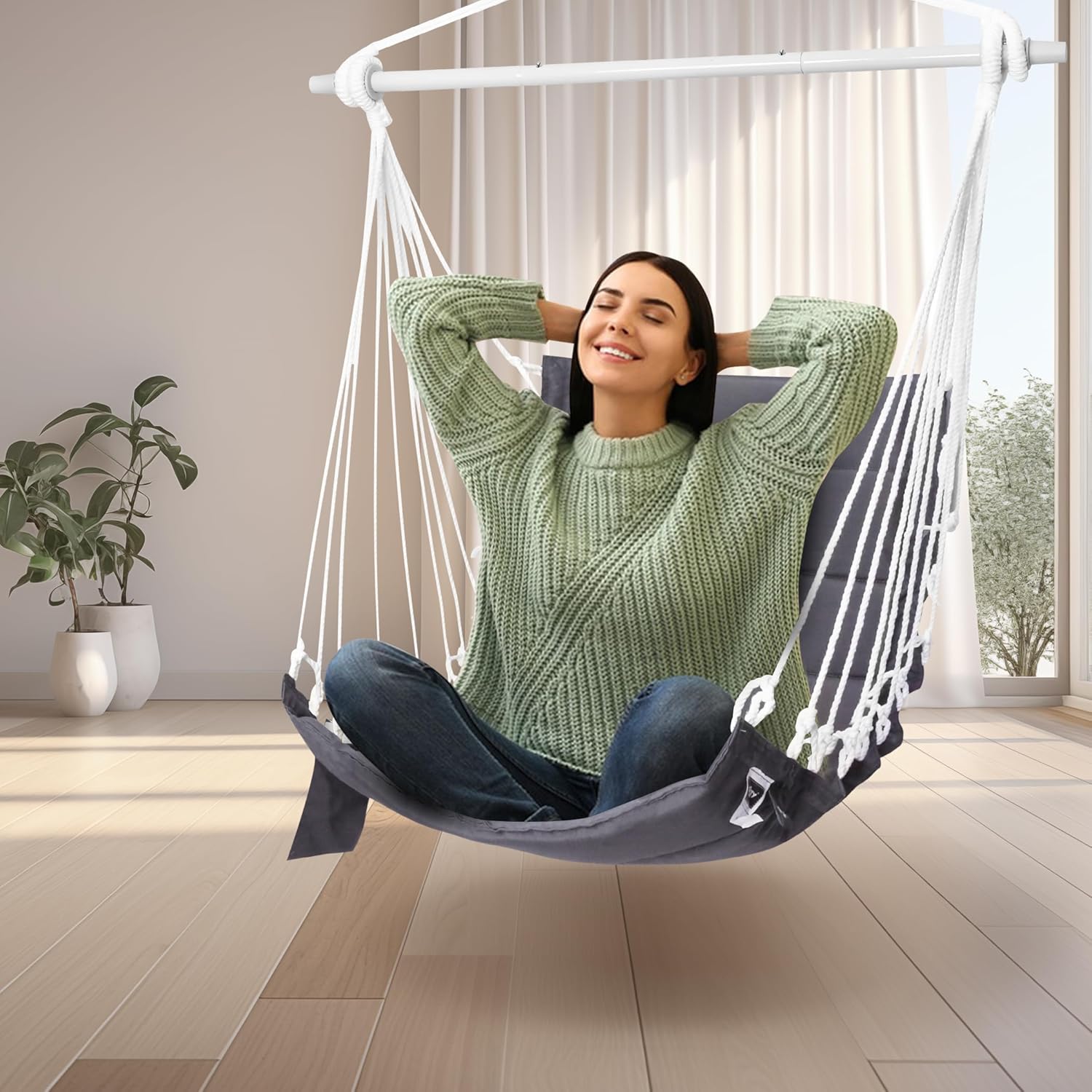 Hammock Chair Porch Hanging Swing with Side Pocket;Steel Spreader Bar,Hardware kit Included;Quilted Fabric;Up to 350 Lbs,for Indoor or Outdoor - Image 6